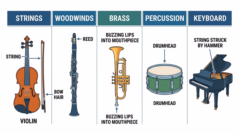 Five instrument families side by side with the first vibrating part labeled for violin, clarinet, trumpet, snare drum, and piano