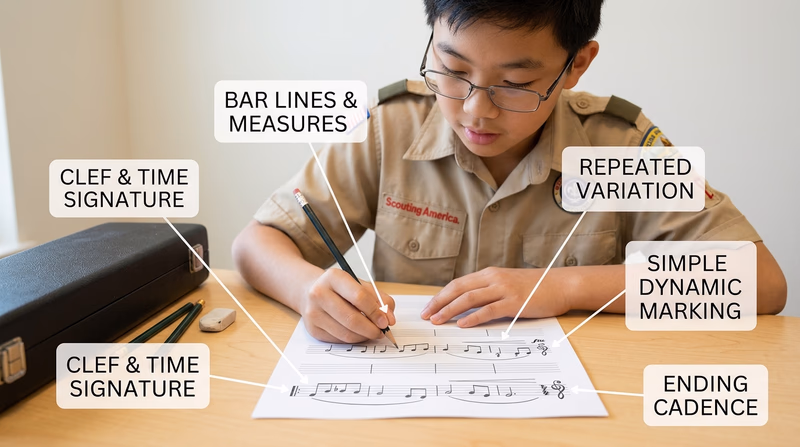 A Scout writing a short melody on staff paper with measures, phrase shape, and ending marked