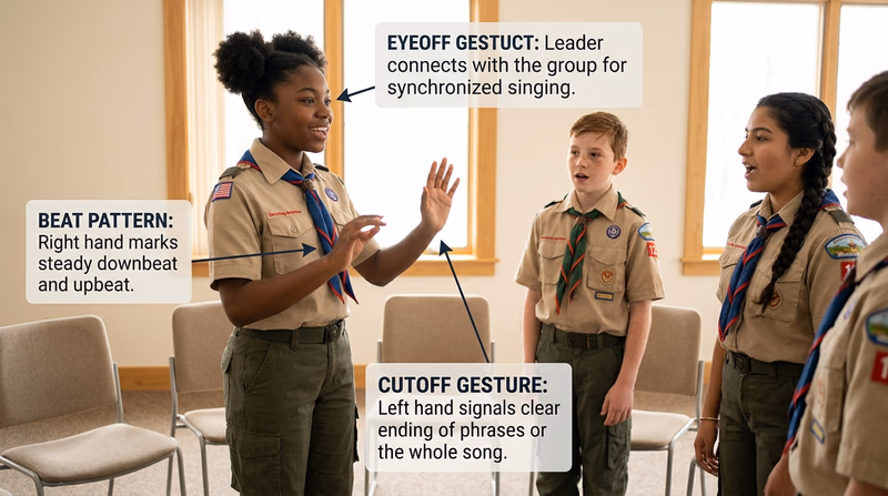 A Scout leading a small group in singing with labeled beat pattern and cutoff gesture