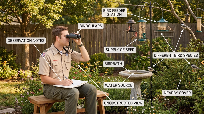 Scout observing a feeder and birdbath from a notebook station while different birds visit