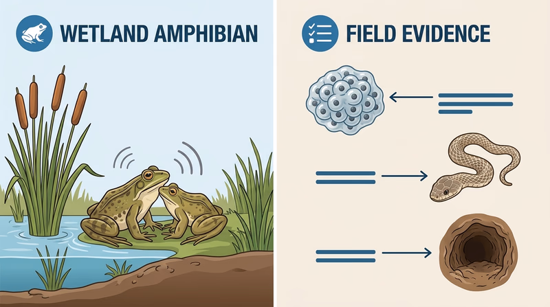 Educational diagram showing a calling frog in wetland habitat and examples of frog egg masses and snake shed clues