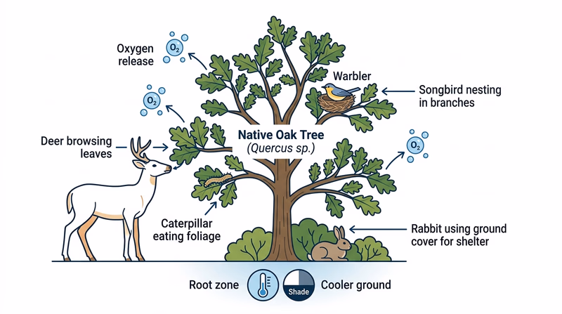 Diagram showing plants providing food, shelter, and habitat support to several animals in one ecosystem