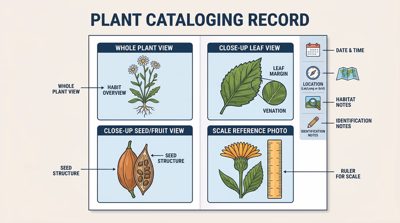 Example plant photo catalog page with whole-plant shot, close-up leaf image, seed image, scale reference, and habitat notes