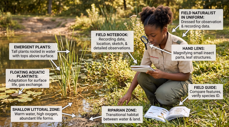 Scout kneeling beside a pond with notebook, hand lens, and field guide while observing plants and animals