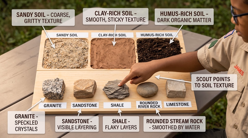 Field study board showing labeled samples of sandy soil, clay soil, humus-rich soil, and five local rocks with texture notes