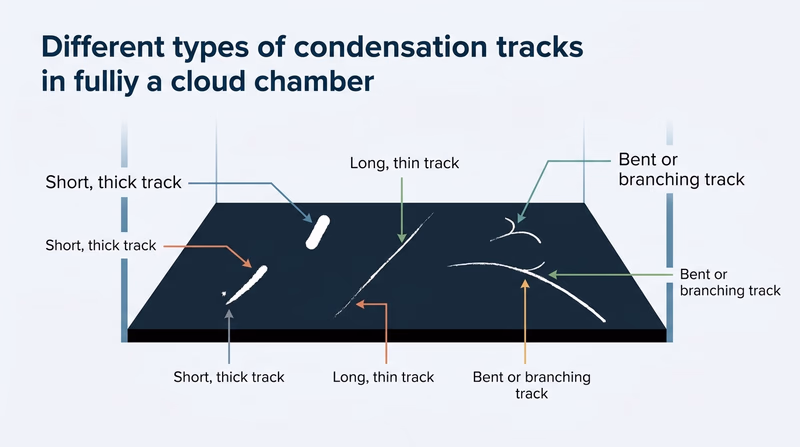 Example cloud chamber view with several different particle track styles labeled in simple terms