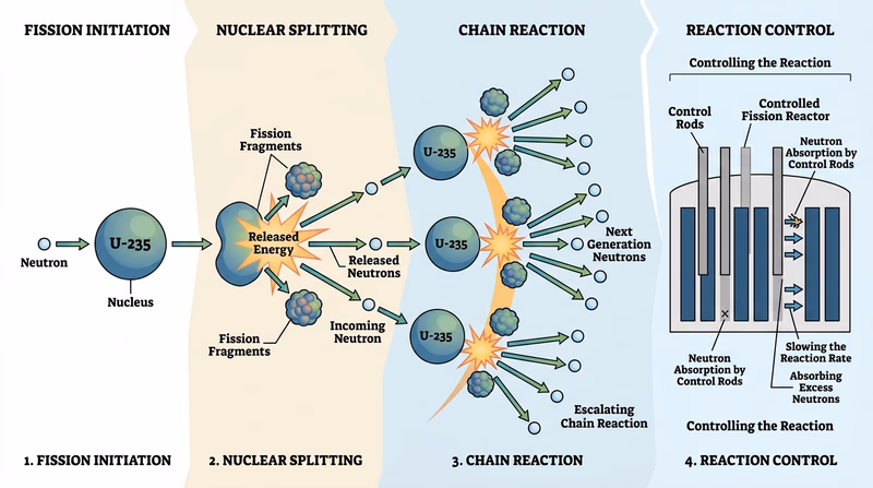 Step-by-step diagram showing neutron hitting uranium nucleus, split products, released neutrons, and controlled reactor rods