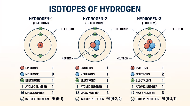 Three side-by-side isotope models of the same element with protons, neutrons, electrons, and isotope notation labeled