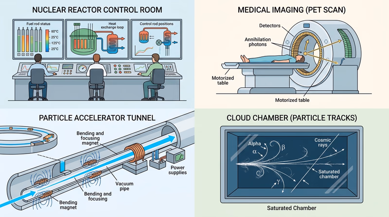 Collage showing a reactor control room, a medical scanner, a particle accelerator tunnel, and a cloud chamber track