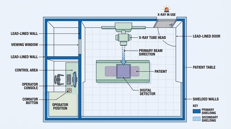 Simple top-down floor plan of an X-ray room showing machine, patient table, operator shielded area, and beam direction