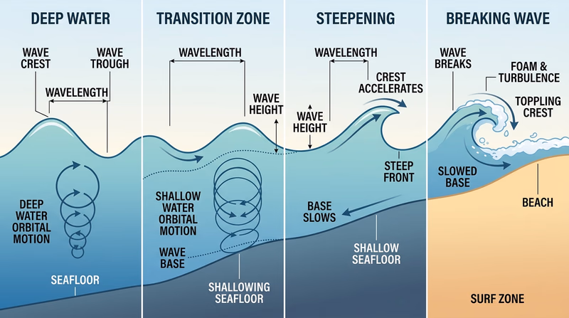 Step-by-step diagram of a wave steepening from deep water into shallow water until it breaks near shore