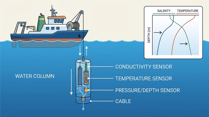 Diagram of a CTD instrument being lowered from a research ship with conductivity, temperature, and depth sensors labeled