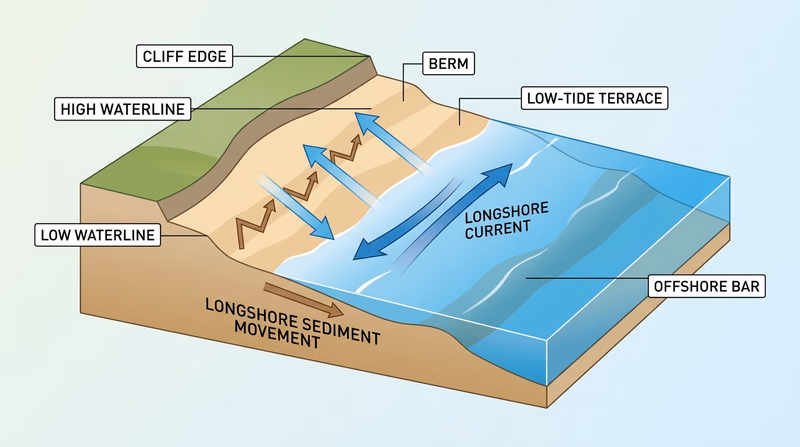 Tray model coastline showing longshore sediment movement, berm, low-tide terrace, offshore bar, and cliff
