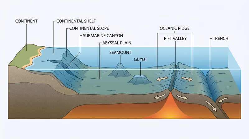 Cross-section of the seafloor labeled with continental shelf, continental slope, abyssal plain, seamount, guyot, ridge, rift valley, canyon, and trench