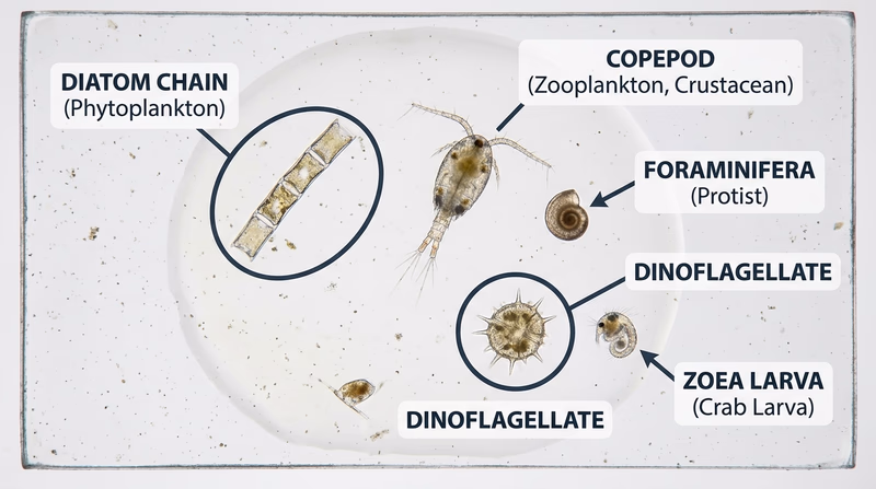 Microscope-slide view of several different plankton forms circled for comparison