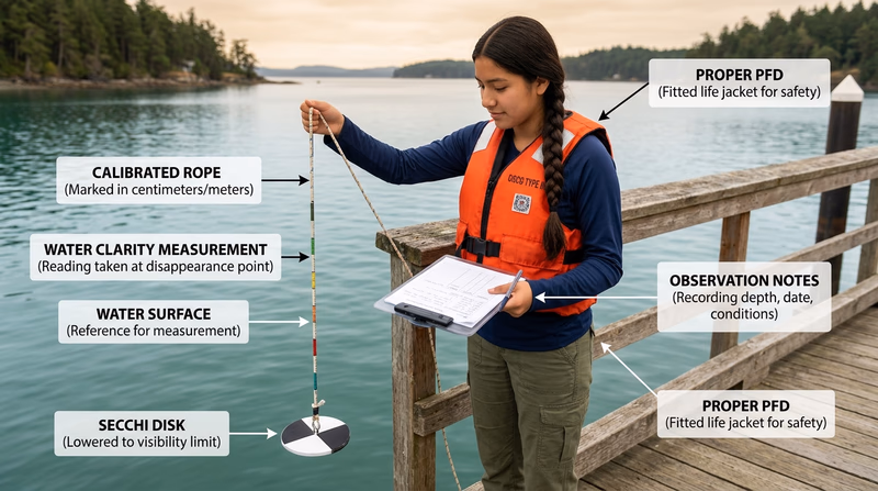 A Scout lowering a black-and-white Secchi disk from a dock while recording water-study notes on a clipboard
