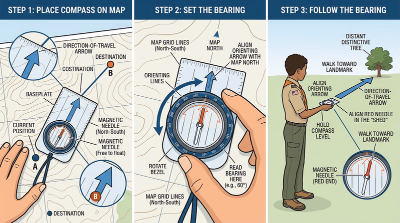 Three-step diagram showing how to take a compass bearing: placing compass on map connecting two points, rotating the bezel to align orienting lines with grid lines, and holding the compass level with the needle aligned inside the orienting arrow while sighting a landmark