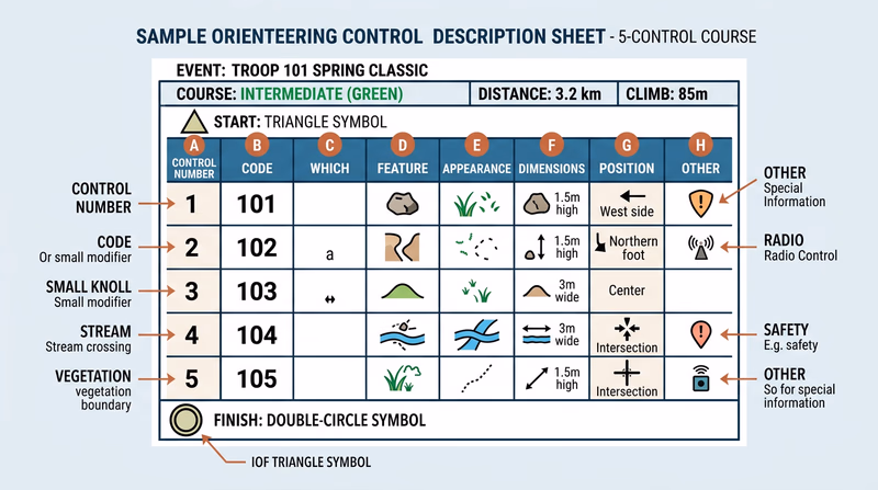 Sample orienteering control description sheet for a 5-control course, showing the header with event info and a grid with columns A through H containing control numbers, codes, IOF symbols, and position information