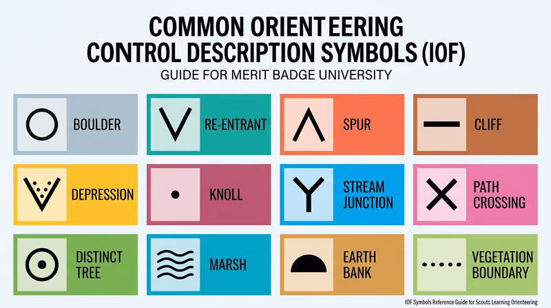 Educational infographic showing 12 common IOF control description symbols in a grid: boulder, re-entrant, spur, cliff, depression, knoll, stream junction, path crossing, distinct tree, marsh, earth bank, and vegetation boundary