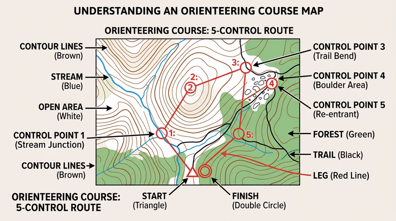 Topographic map excerpt showing a well-designed orienteering course with a start triangle, five numbered control circles on distinct terrain features, connecting lines showing the course sequence, and a finish double-circle