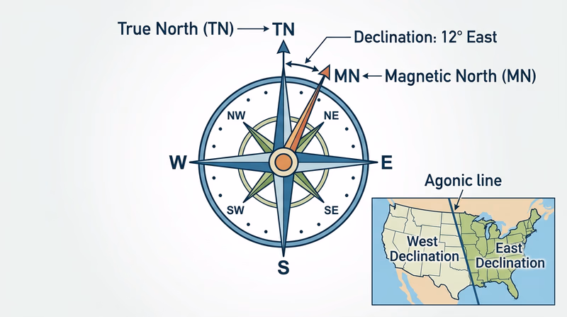 Diagram illustrating magnetic declination showing true north and magnetic north offset by approximately 12 degrees, with an inset map of the United States showing the agonic line and areas of east and west declination