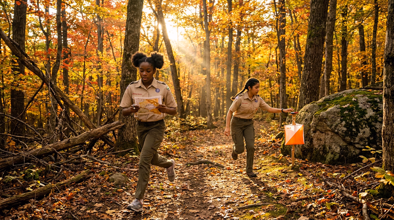 Two orienteers running through a beautiful autumn forest with colorful foliage, one holding a map and compass while the other approaches a distant orange-and-white control flag near a boulder