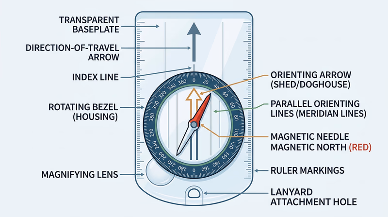 Labeled diagram of a baseplate orienteering compass showing all major parts: baseplate, direction-of-travel arrow, index line, rotating bezel with degree markings, orienting arrow, orienting lines, magnetic needle with red north end, magnifying lens, and ruler markings