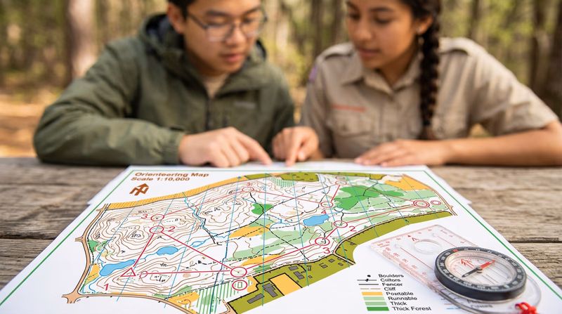 Close-up of a real orienteering map showing colorful terrain details, a printed course with start triangle, numbered control circles, and a finish symbol, with a compass resting on the corner