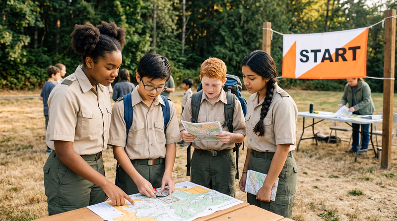 A group of Scouts at the start area of an orienteering event, several studying their maps intently, one holding a compass over the map, with an orange-and-white banner and registration table visible in the background
