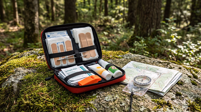 A compact first aid kit laid open on a mossy rock, showing neatly organized supplies including bandages, gauze, moleskin, tweezers, antiseptic wipes, sunscreen, insect repellent, and a whistle, with an orienteering compass and folded map beside it
