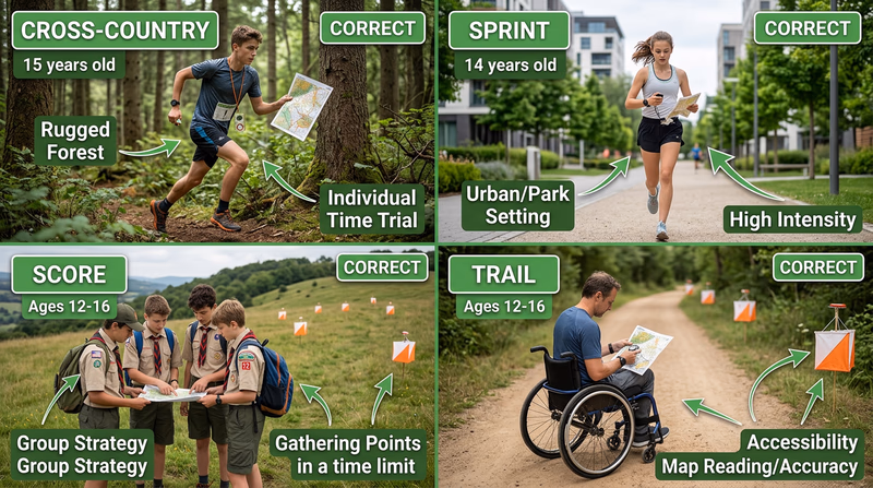 Four-panel comparison showing different orienteering formats: cross-country in dense forest, sprint in an urban setting, score orienteering on a hillside, and trail orienteering on a marked accessible path