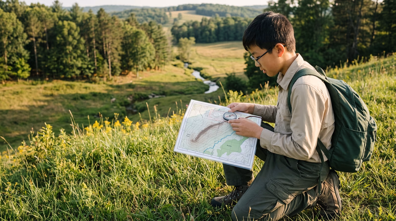 A Scout kneeling on a hillside holding a topographic map flat with a compass placed on it, rotating the map to orient it with visible terrain features in the background