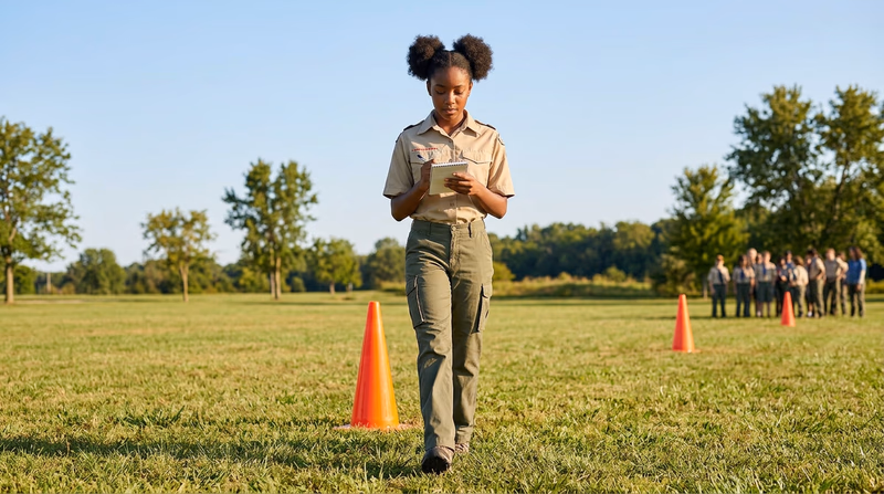 A Scout walking along a measured 100-meter course marked with orange cones on a flat grassy field, counting paces with focused concentration, a notebook in hand for recording counts