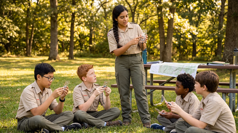 A Scout teaching a group of four younger Scouts in a park clearing, holding up a compass and pointing to its features while the younger Scouts each hold their own compasses, a topographic map spread on a picnic table nearby