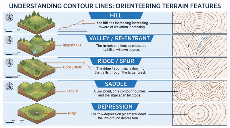 Educational diagram showing five terrain features as 3D landscape views paired with their corresponding contour line patterns: hill, valley, ridge, saddle, and depression