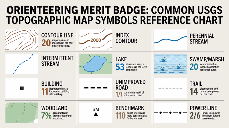 Reference chart showing 12 common USGS topographic map symbols: contour line, index contour, perennial stream, intermittent stream, lake, swamp, building, unimproved road, trail, woodland, benchmark, and power line