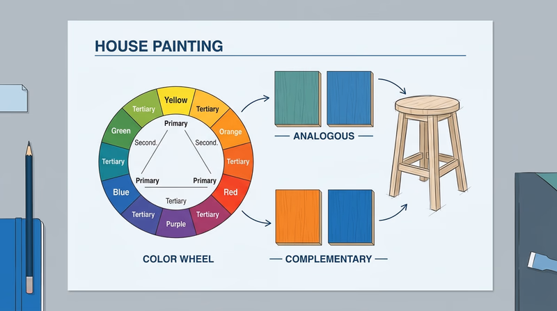 Painted sample board showing color-wheel pairings next to a simple furniture project sketch