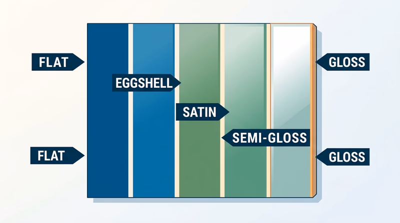 Sample board showing the same paint color in flat, eggshell, satin, semi-gloss, and gloss finishes under angled light