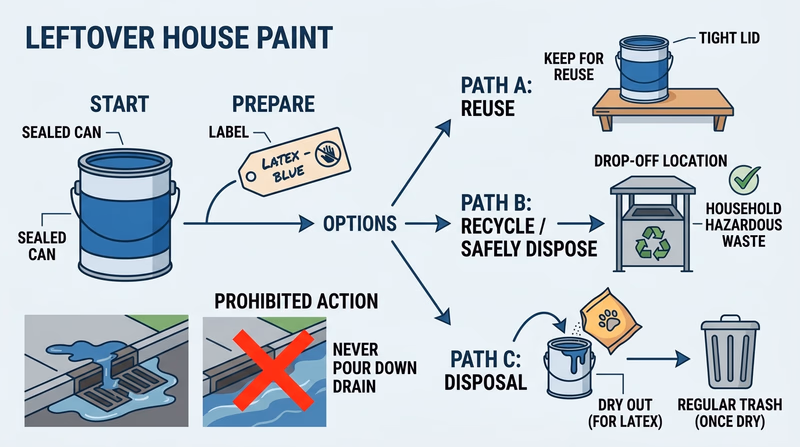 Diagram showing leftover paint being sealed in labeled containers, kept off storm drains, and taken to an approved recycling or disposal site
