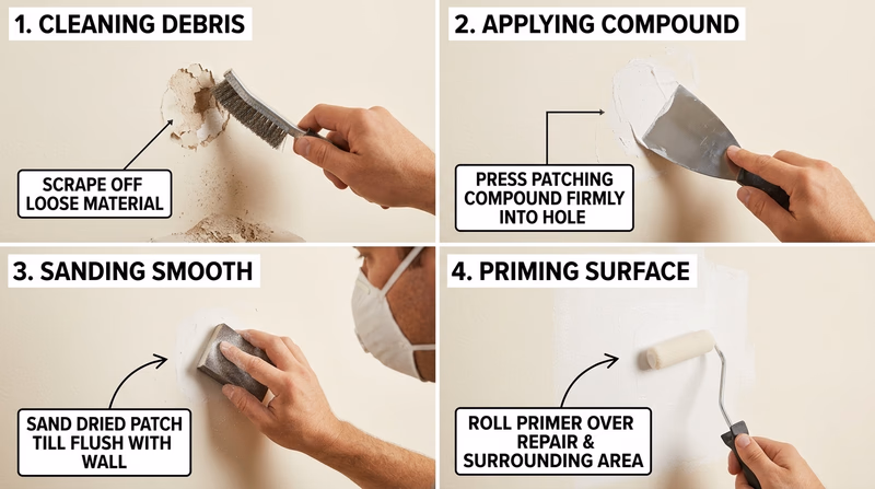 Four-step sequence showing a small wall repair being cleaned, patched, sanded smooth, and primed before paint is applied