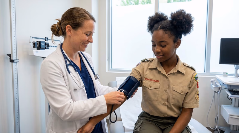 A friendly healthcare provider checking a teenager's blood pressure in a bright, modern clinic examination room