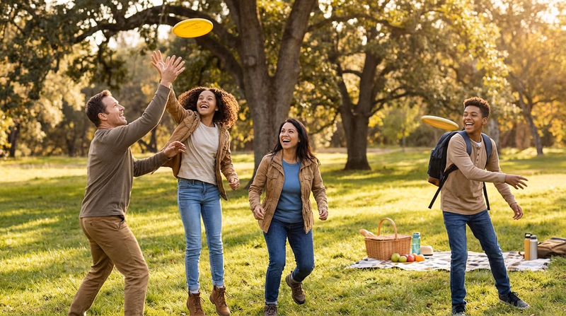 A family of diverse ages playing frisbee together in a park, laughing and enjoying each other's company