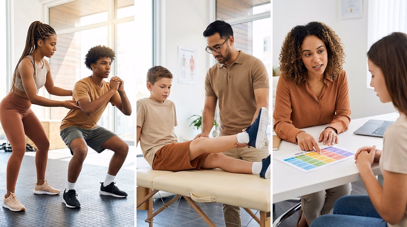 A collage illustration showing diverse fitness professionals at work: a personal trainer coaching a client, a physical therapist working with a patient, and a dietitian reviewing a meal plan