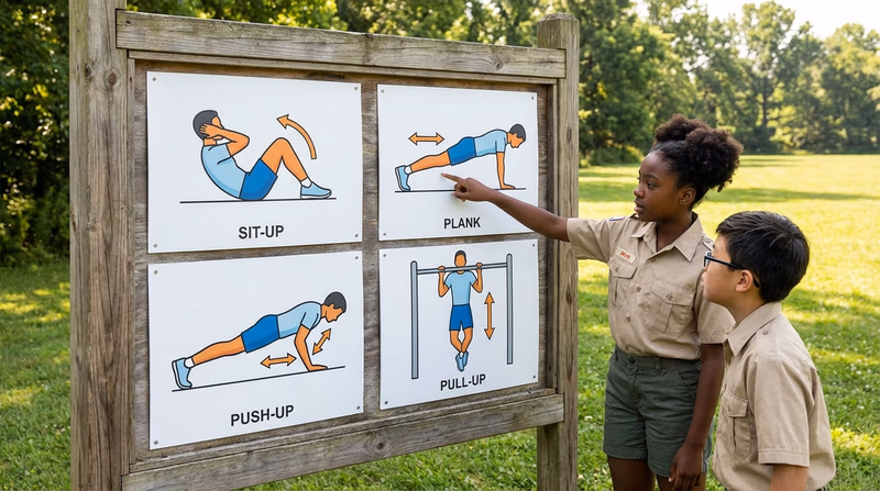 Four illustrated panels showing proper form for sit-ups, plank hold, push-ups, and pull-ups, with arrows indicating correct body alignment