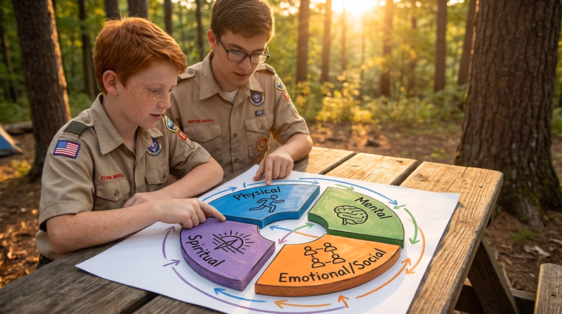 An illustrated wheel diagram showing the four dimensions of fitness connected by arrows, demonstrating how they support each other
