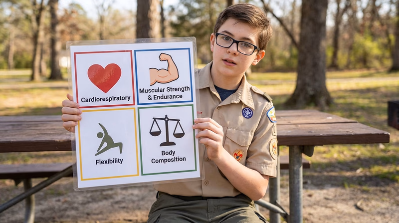 An illustrated diagram showing the four components of physical fitness: a heart for cardio, a flexed arm for strength, a person stretching for flexibility, and a balanced scale for body composition