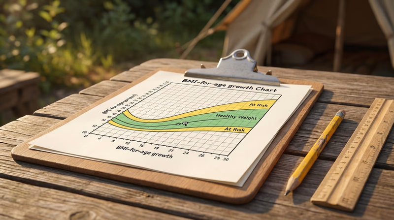 A simplified, friendly illustration of a BMI-for-age growth chart with a highlighted healthy range zone
