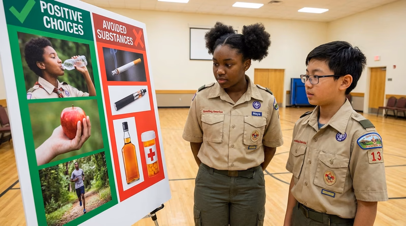 An illustrated split image: on one side, a Scout choosing water, fruit, and exercise; on the other side, crossed-out icons of cigarettes, vape pens, alcohol, and pills