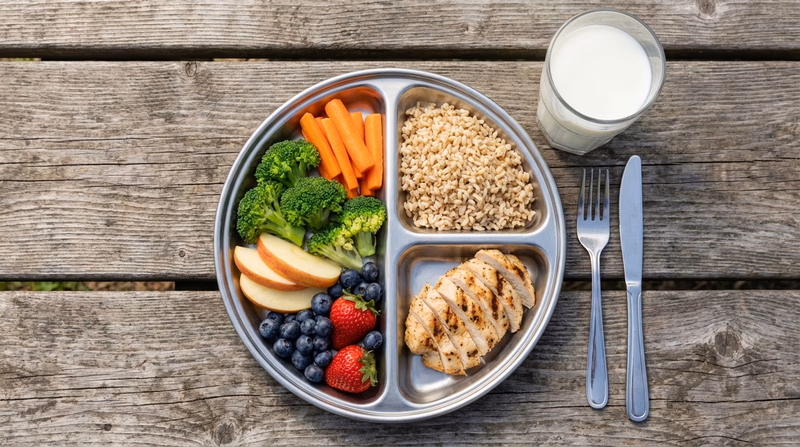 A Scout's plate at a camp dining hall arranged in the MyPlate format, with colorful portions of vegetables, grains, protein, fruit, and a glass of milk