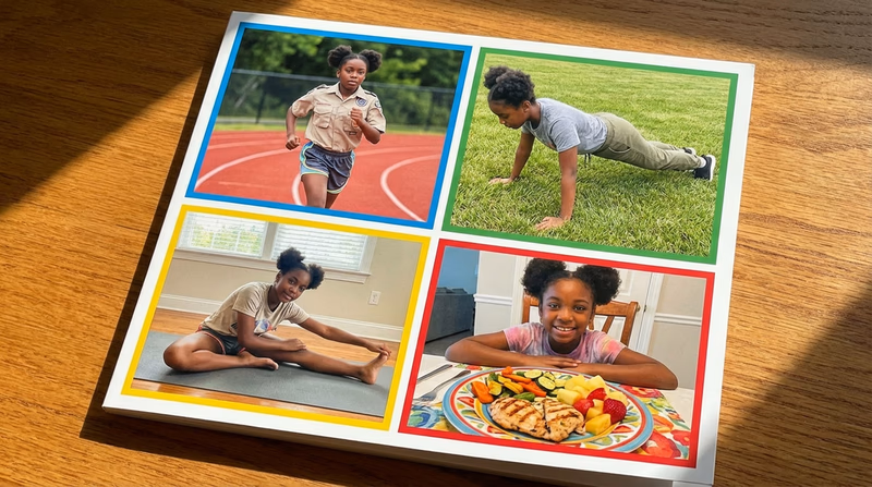 A collage-style illustration showing a Scout doing four different activities: running, doing push-ups, stretching, and eating a healthy meal